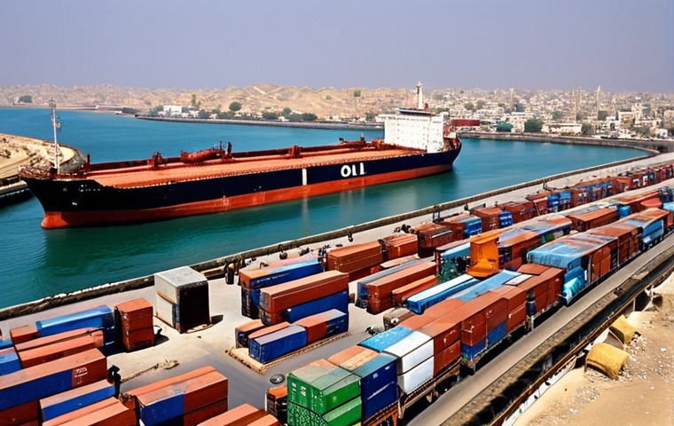 **
* A bustling port in Karachi, Pakistan, with large oil tankers arriving from Saudi Arabia. Depict the unloading of oil with visible infrastructure and workers, emphasizing the energy supply relationship.
**