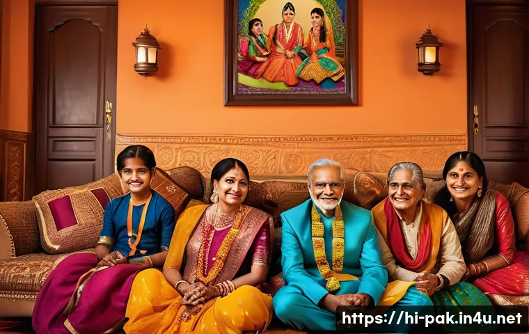 파키스탄과 인도의 영화 산업 비교 - A vibrant Bollywood family scene filled with colorful traditional Indian attire, depicting multiple ...
