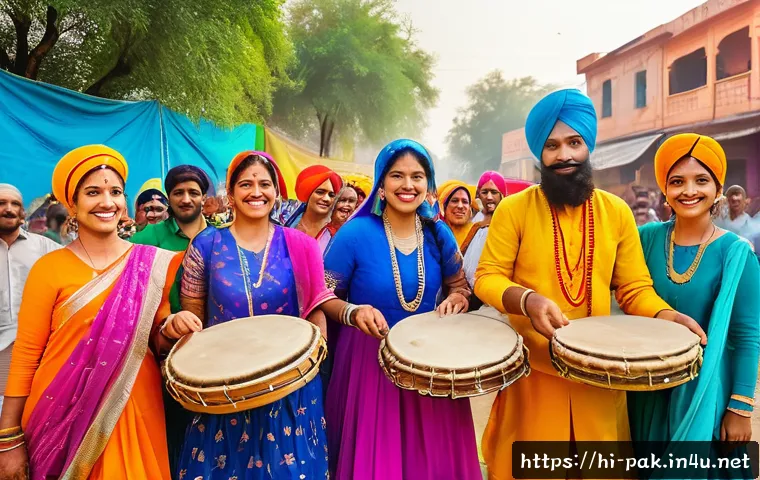 파키스탄 유명 축제 바사키 - A vibrant rural Baisakhi festival scene in Punjab, India, showcasing men and women in colorful tradi...