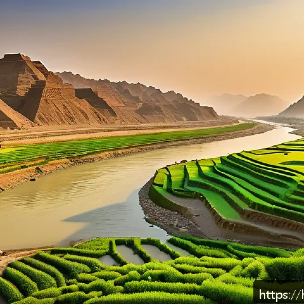 파키스탄 인더스 강과 관련된 이야기 - A serene panoramic view of the Indus River flowing through the ancient Indus Valley civilization reg...