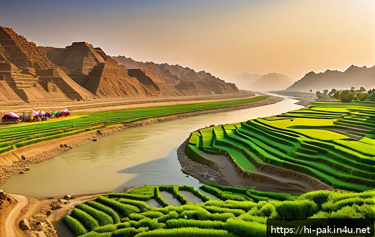 파키스탄 인더스 강과 관련된 이야기 - A serene panoramic view of the Indus River flowing through the ancient Indus Valley civilization reg...
