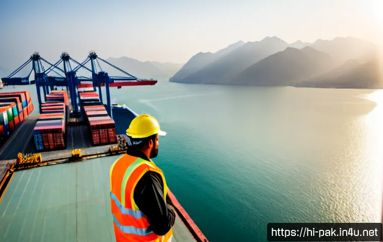 파키스탄 국제 무역과 주요 파트너 - Photorealistic wide-angle view of a modern seaport in Pakistan at golden morning light, towering car...